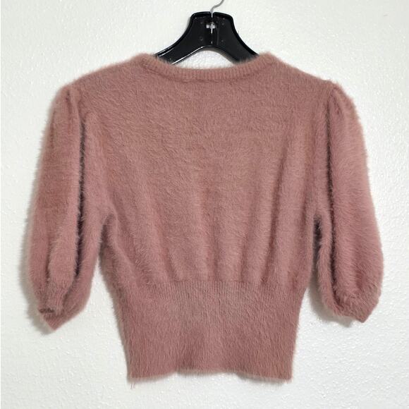 Zara Fuzzy Rose Faux Fur Knit Sweater Puff Sleeve Cropped Pullover Jumper Top - Picture 4 of 9
